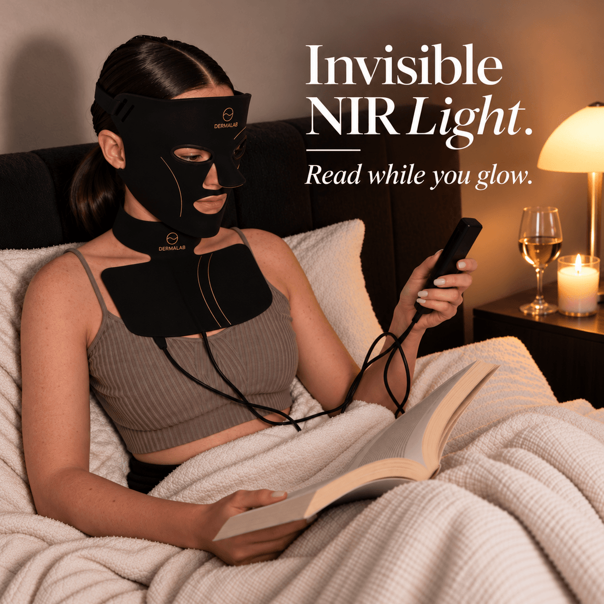 A woman in bed wearing a black wearable neck and face mask with a connected controller, reading a book under a cream blanket. Text on the image reads 'Invisible NIR Light.