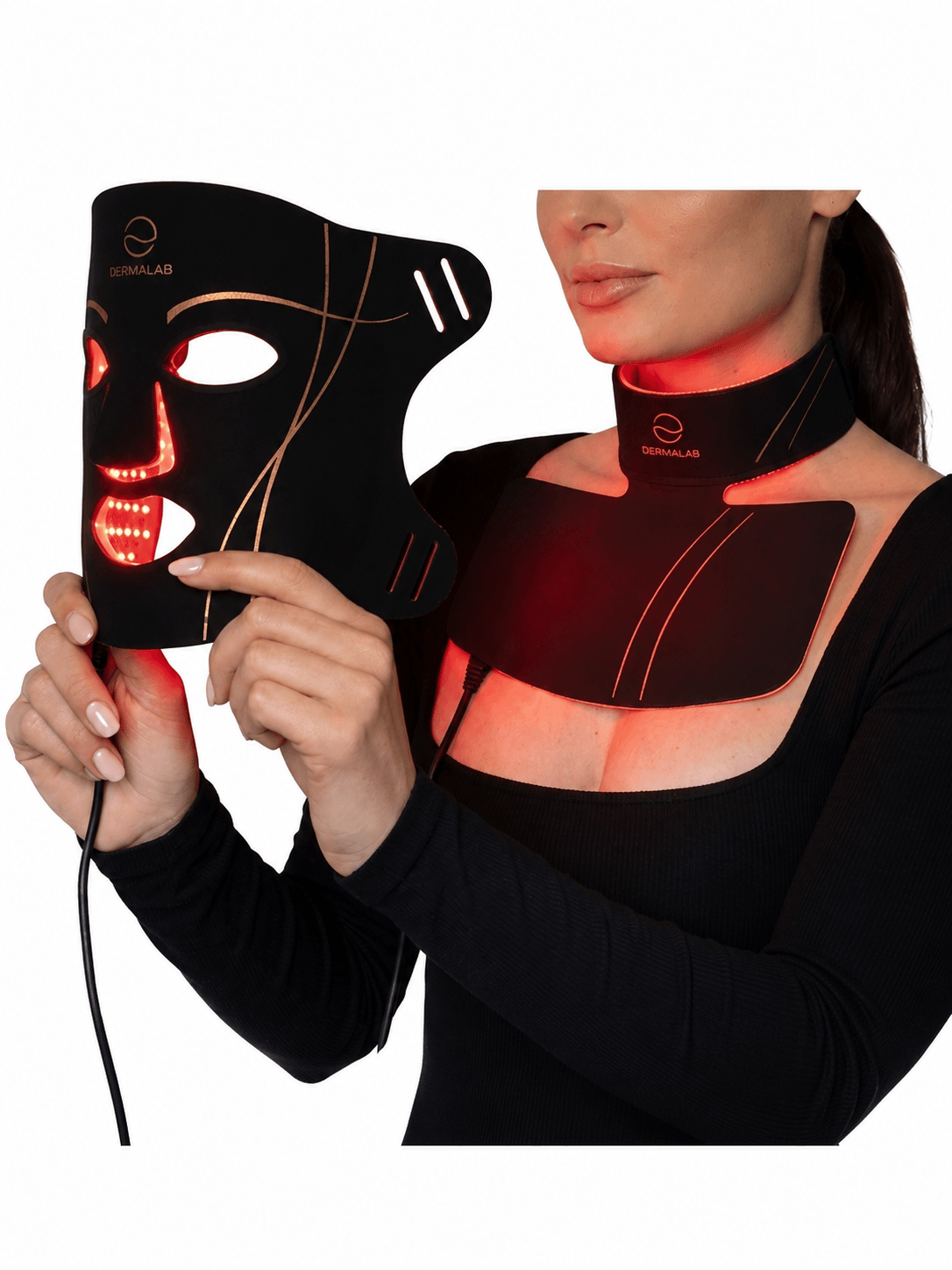 A woman wearing a black LED light therapy mask and matching neck/chest device, with the devices glowing red against a white backgroundDerma Lab 4-in-1 LED Light Therapy Mask featuring 830nm NIR Near-Infrared Light, Red Light and Blue Light Therapy for at-home skincare. Designed for facial skin rejuvenation, wrinkles, fine lines, acne-prone skin, redness, dark spots and uneven skin tone, with LED phototherapy for the face, neck and chest.
