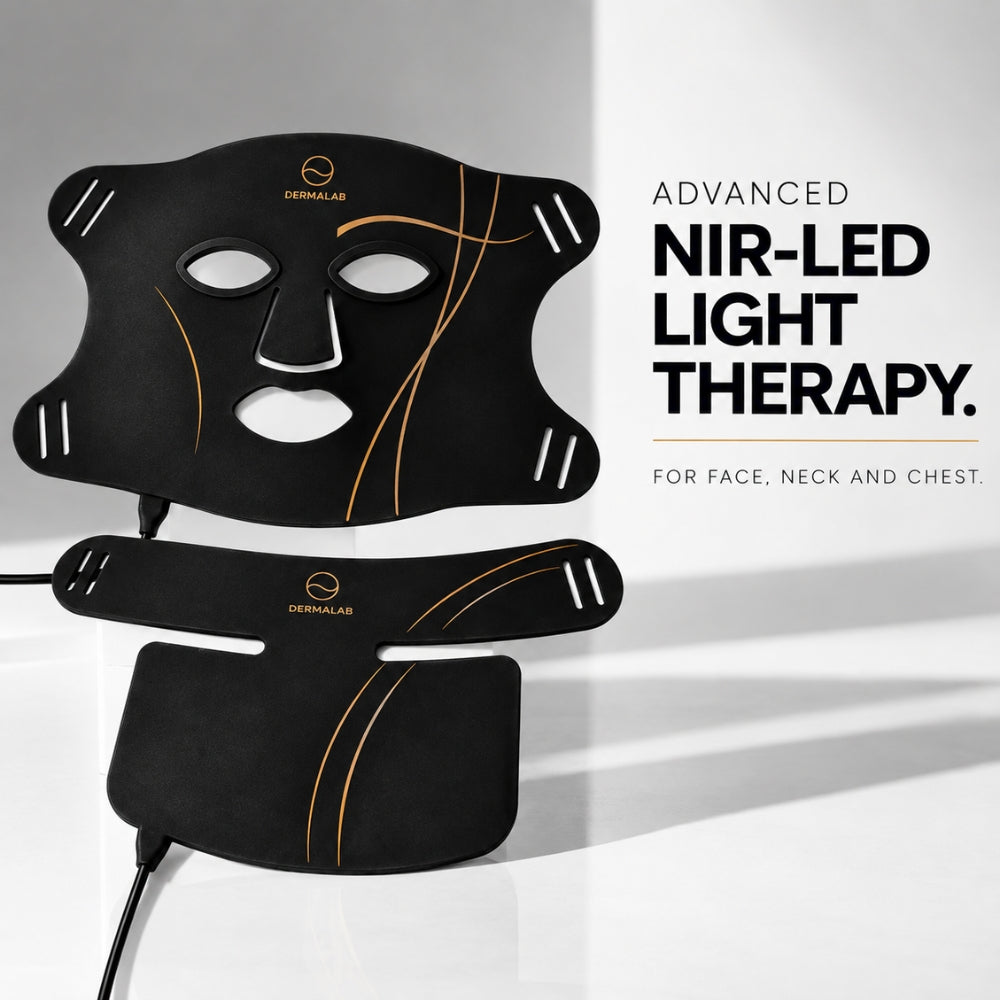 Black Dermalab NIR-LED light therapy face and neck mask set with gold accents, displayed on a clean white background with promotional text.