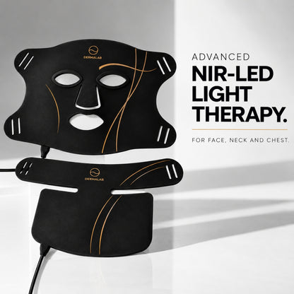 Black Dermalab NIR-LED light therapy face and neck mask set with gold accents, displayed on a clean white background with promotional text.