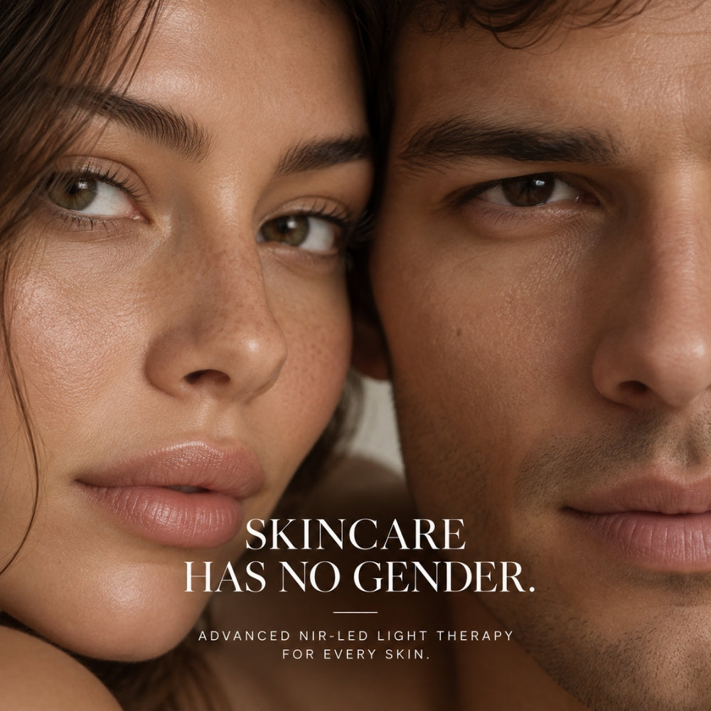 Close-up of a man and a woman leaning in closely, with the text 'SKINCARE HAS NO GENDER. ADVANCED NIR-LED LIGHT THERAPY FOR EVERY SKIN.