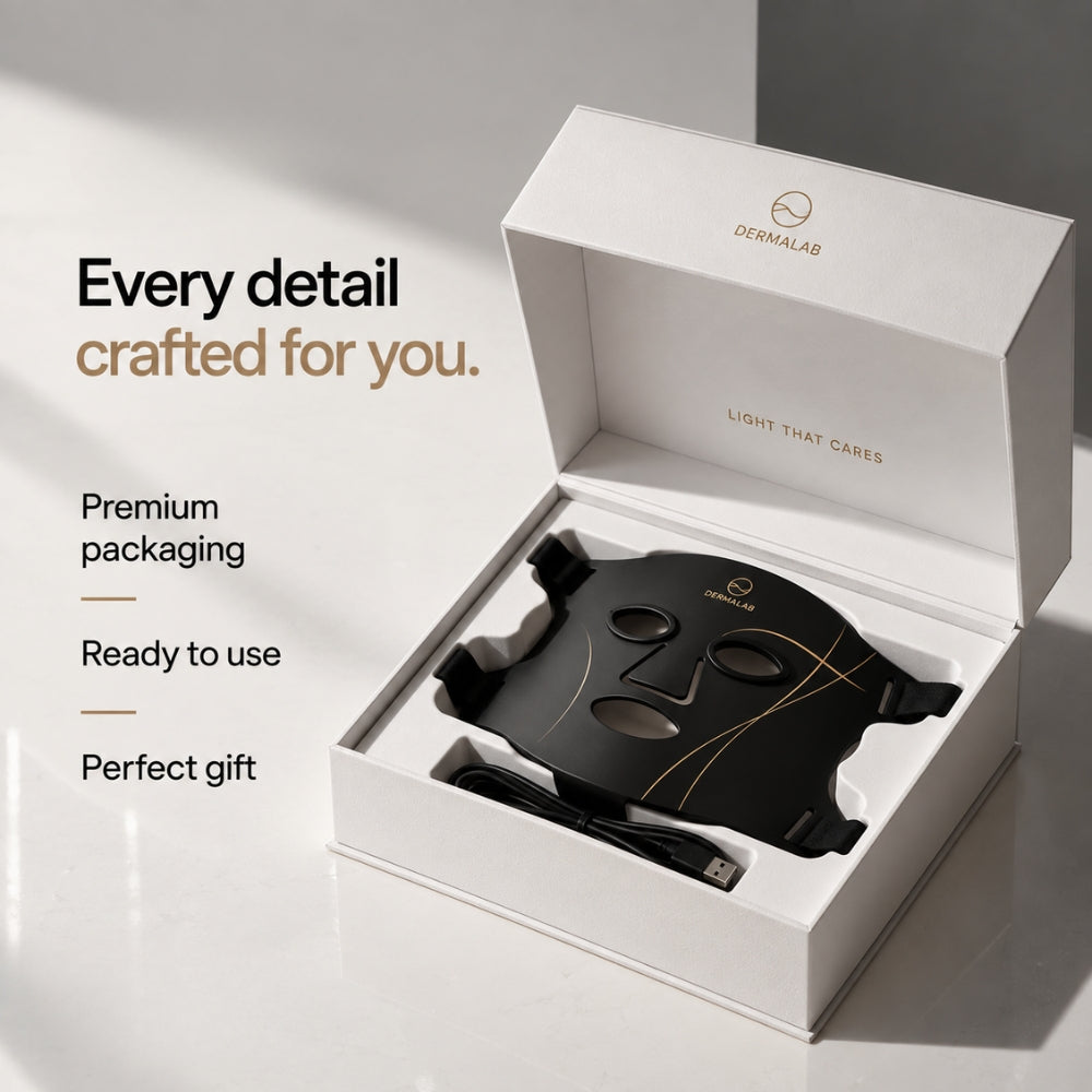 Dermalab light-therapy face mask in a white presentation box with promotional text on a clean white background.