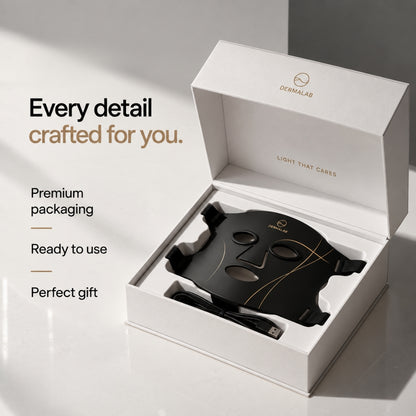 Dermalab light-therapy face mask in a white presentation box with promotional text on a clean white background.