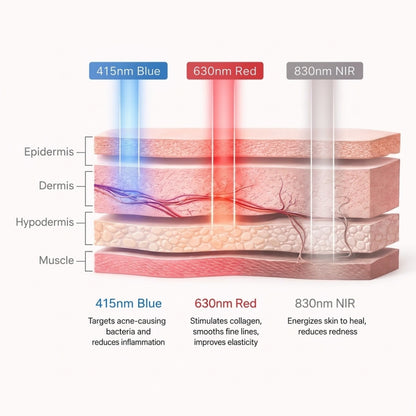 A medical-style diagram showing layered skin (epidermis, dermis, hypodermis, muscle) with blue, red, and NIR light beams labeled 415nm Blue, 630nm Red, and 830nm NIR, plus explanatory text about skin benefits.